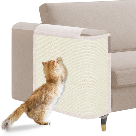 Oroonoko cat scratch sofa protector shown from the front in beige.