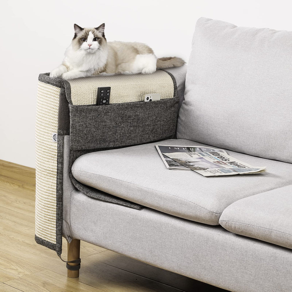 Oroonoko cat sofa protector showing the grey fabric and sisal pad.