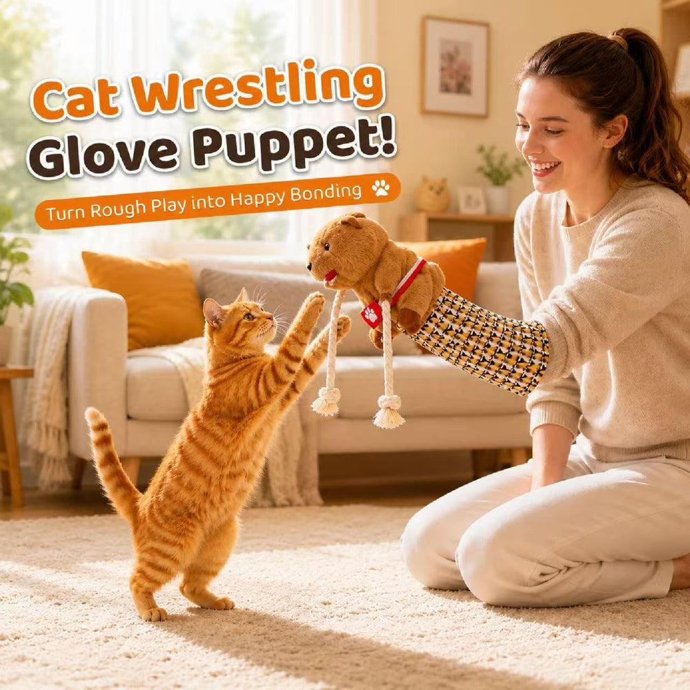 ORTEXA cat wrestling glove puppet detail showing the built-in bell.