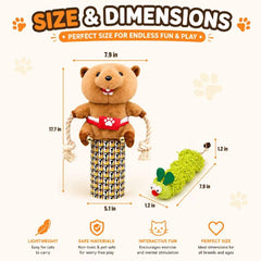 ORTEXA cat wrestling glove puppet and included catnip caterpillar shown together.