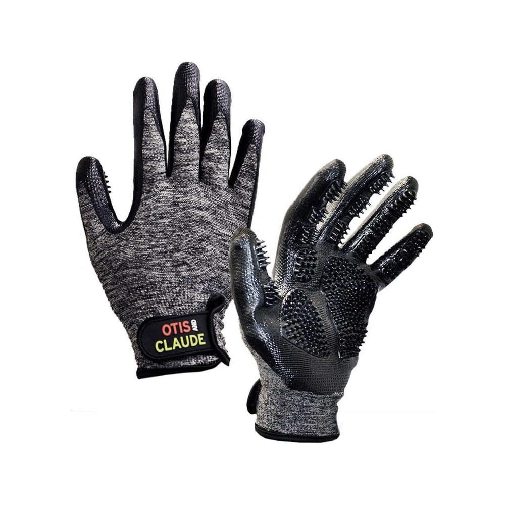 Otis & Claude pet grooming gloves shown from the front.