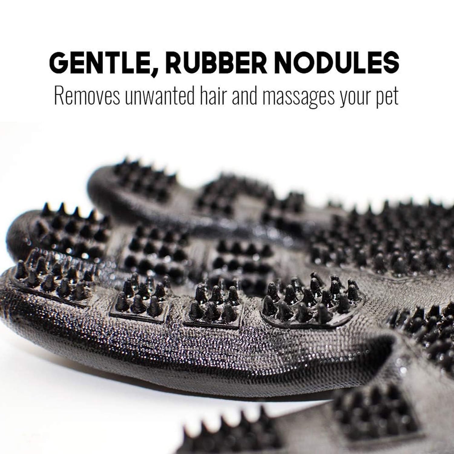 Otis & Claude pet grooming gloves with a close view of the flexible silicone tips.