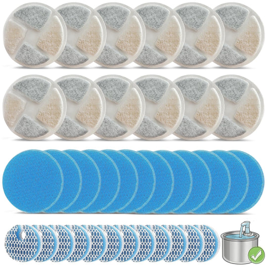 OUPUSES cat fountain filter replacement set showing the circular filter and two sponge types.