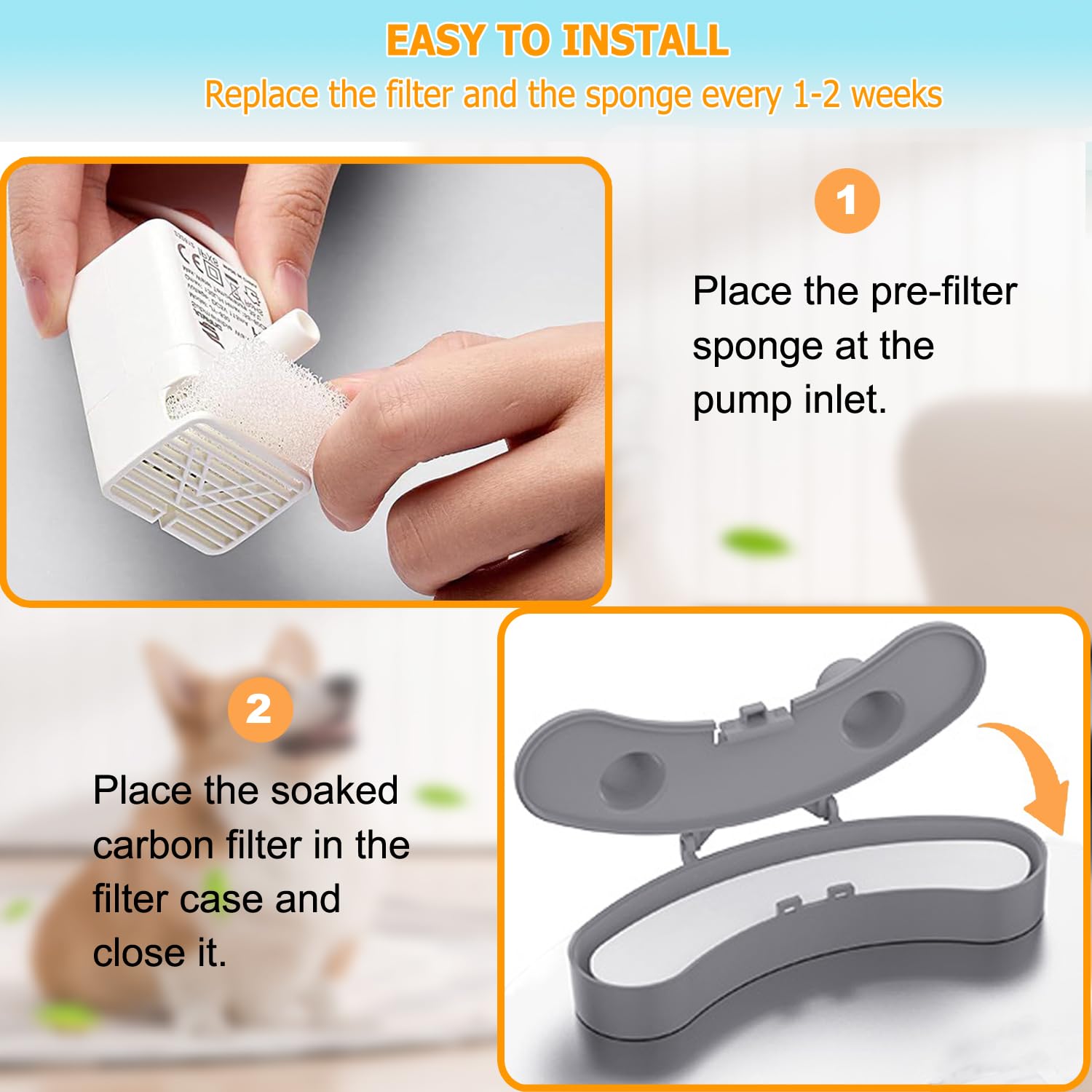 OUPUSES dog fountain replacement filter shown in use in a compatible fountain.