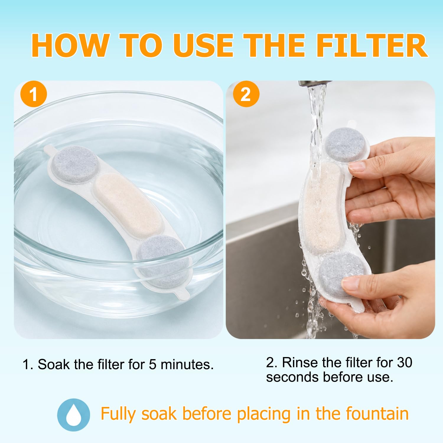 OUPUSES dog fountain replacement filter showing its layered filtration materials.