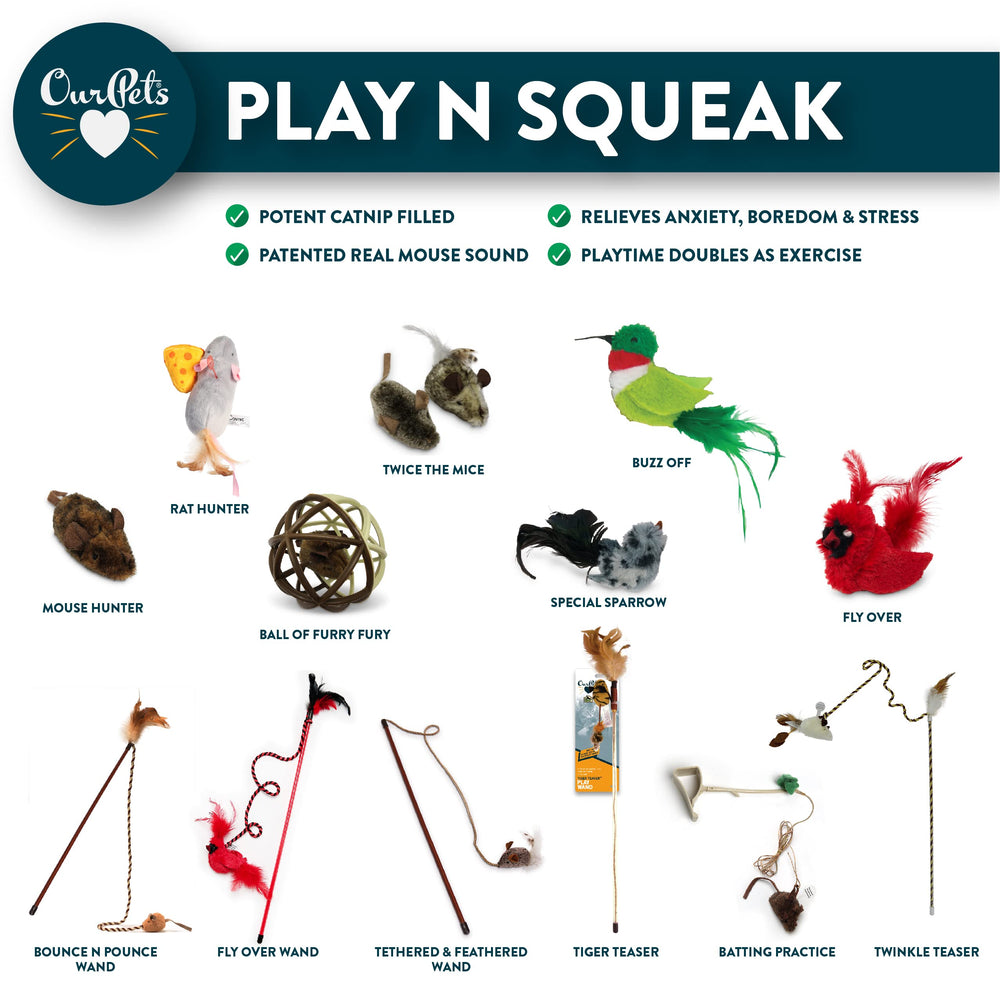 Our Pets Play-N-Squeak Teathered & Feathered cat wand shown from another angle.
