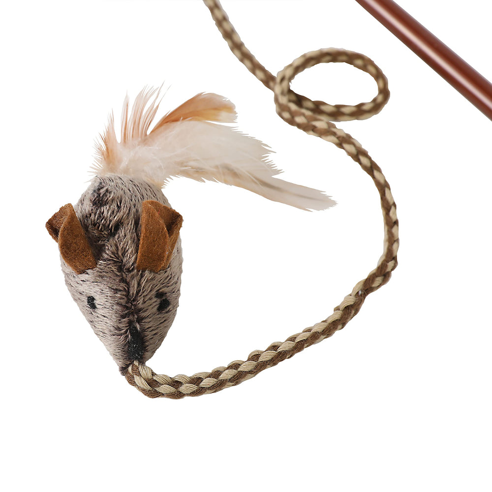 Our Pets Play-N-Squeak Teathered & Feathered cat wand with its feather detail in close-up.