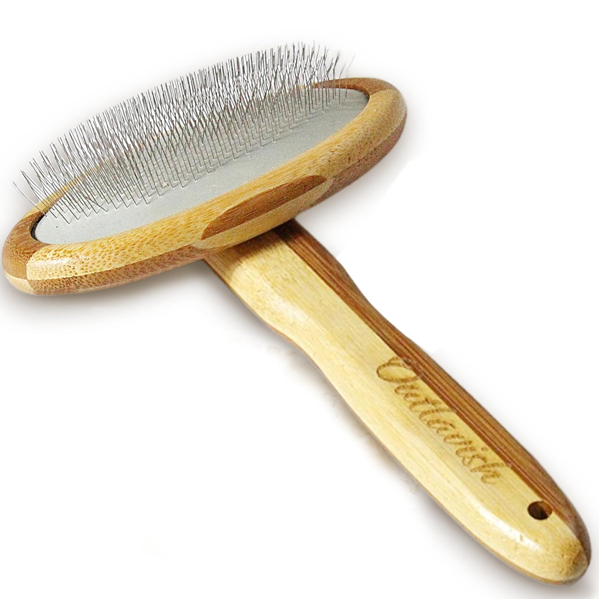 Outlavish wire carding brush shown from the front with its bamboo handle and bristle head.