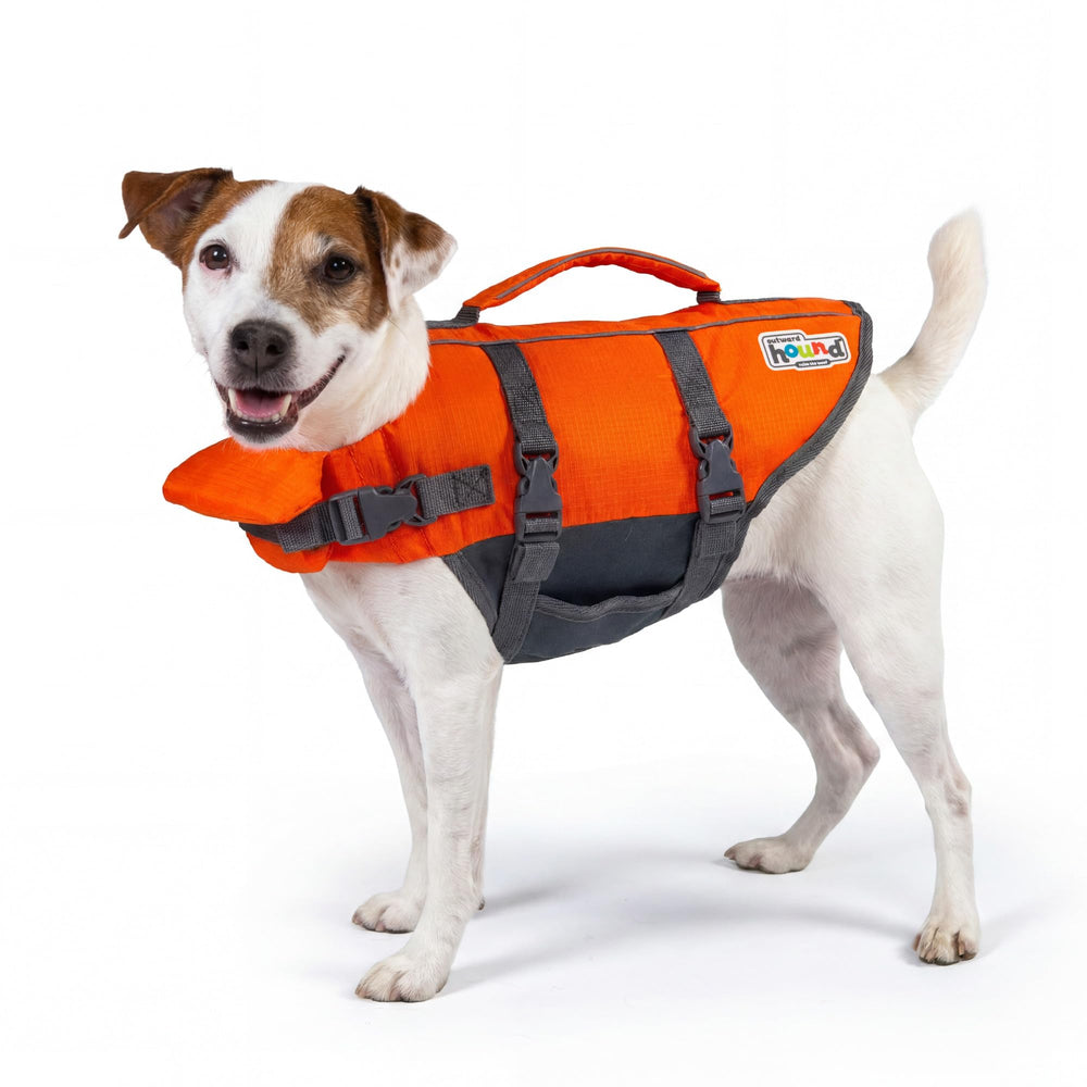 Outward Hound Granby Splash dog life jacket shown from the front in orange.