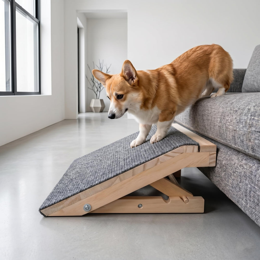 ownkid wooden dog ramp with a close-up of the gear-lock structure.