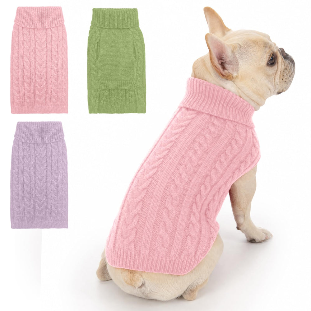 Ownspar Dog Sweater three-pack shown in pink, green and purple.