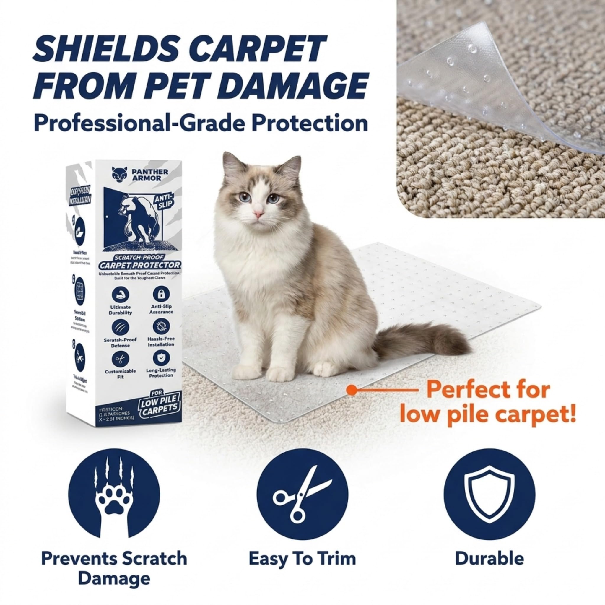 Panther Armor Cat Carpet Protector positioned on carpet beneath a doorway.
