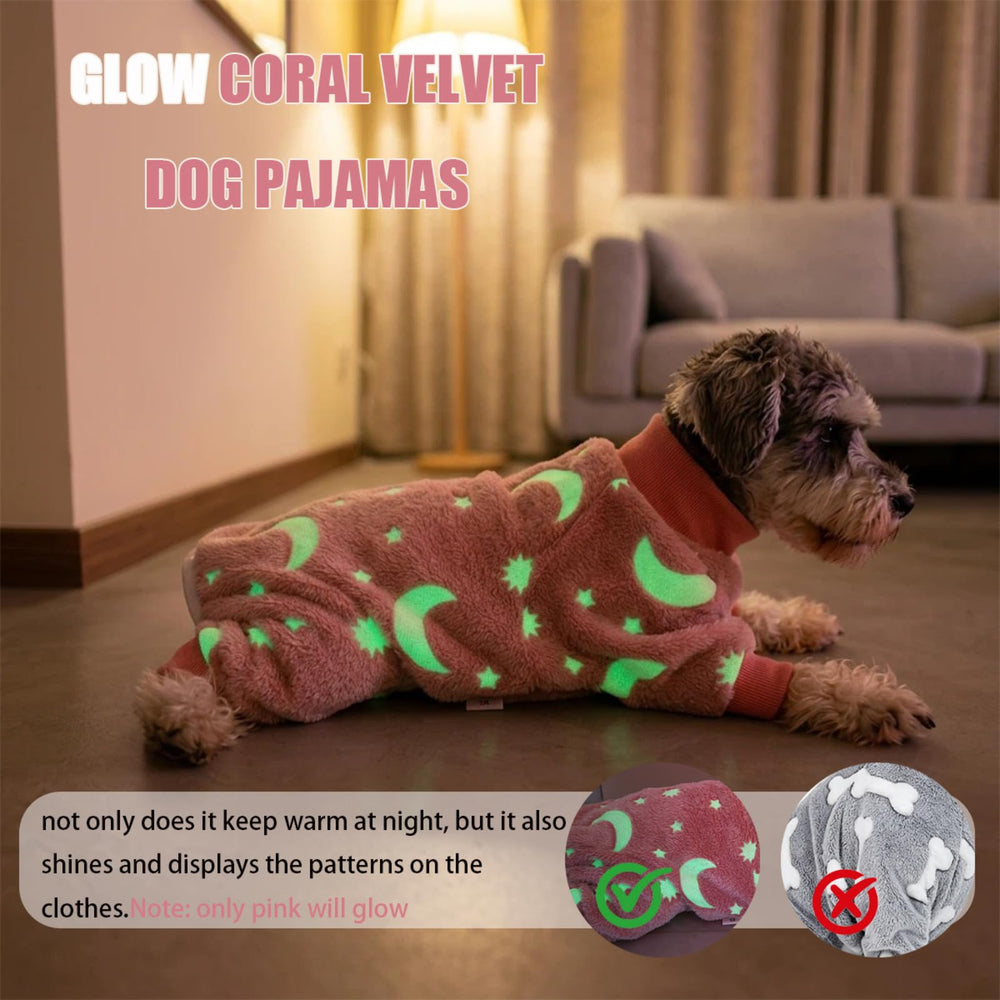 PAPIAMEN Dog Pajamas close-up showing the starry-sky coral velvet fabric.