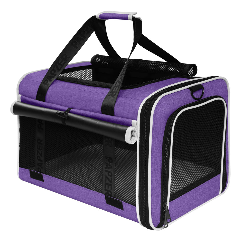 PAPZER cat carrier shown from the front with its soft-sided shape and mesh panels.