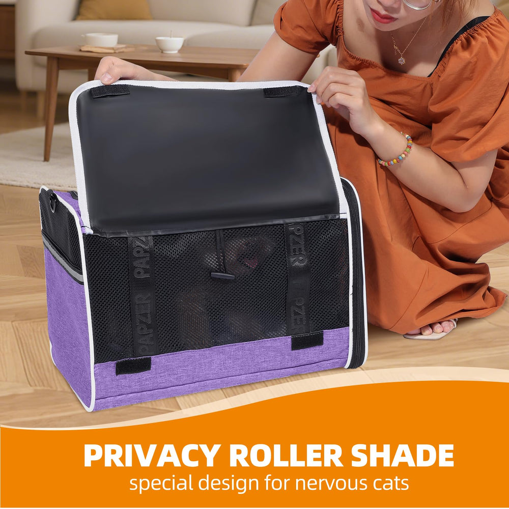 PAPZER cat carrier with its roller privacy shade lowered over the side mesh.