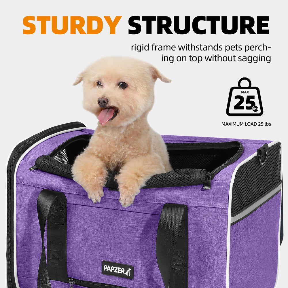 PAPZER cat carrier side panel opened to show its car seat belt securing feature.