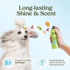Paw Fume Blue Ribbon Dog Perfume Spray being applied to a dog's coat.