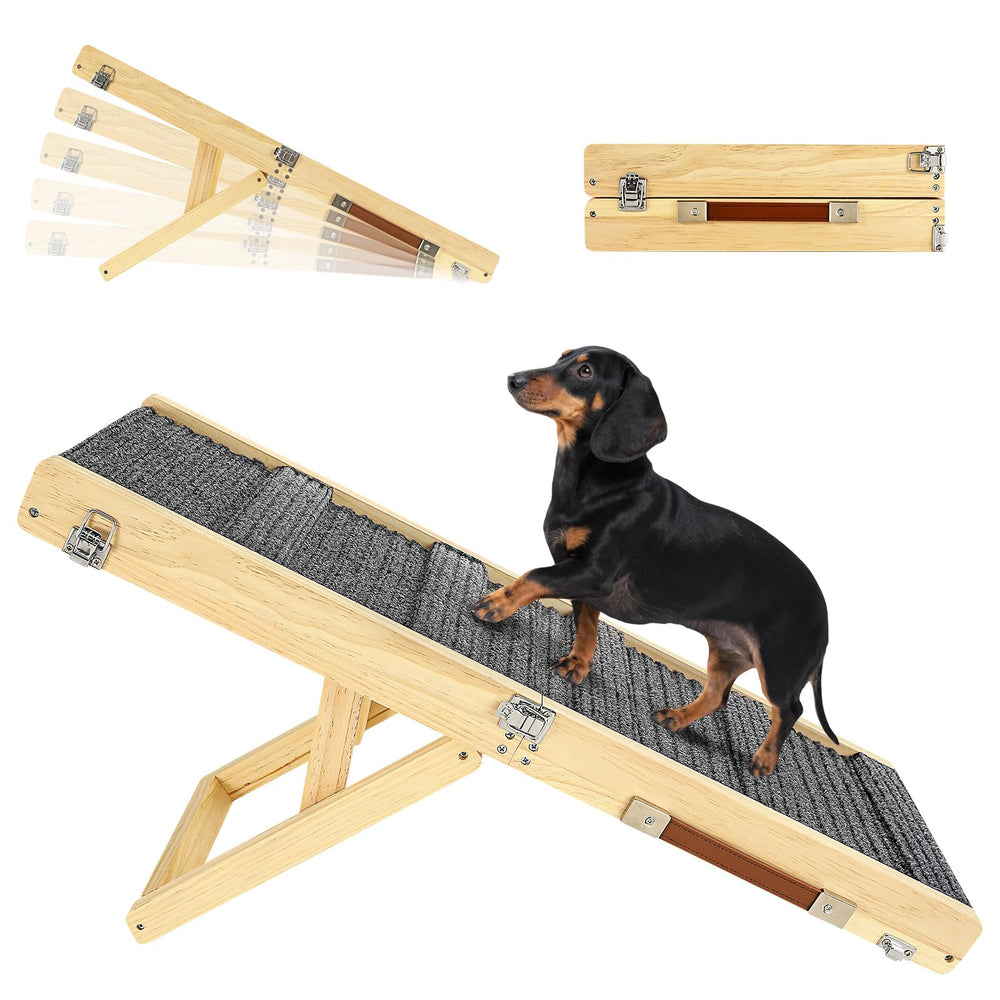 Pawaboo dog ramp shown from the front with its solid wood structure visible.