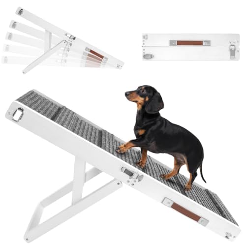 Pawaboo dog ramp shown from the front with its solid-wood frame and carpeted surface.