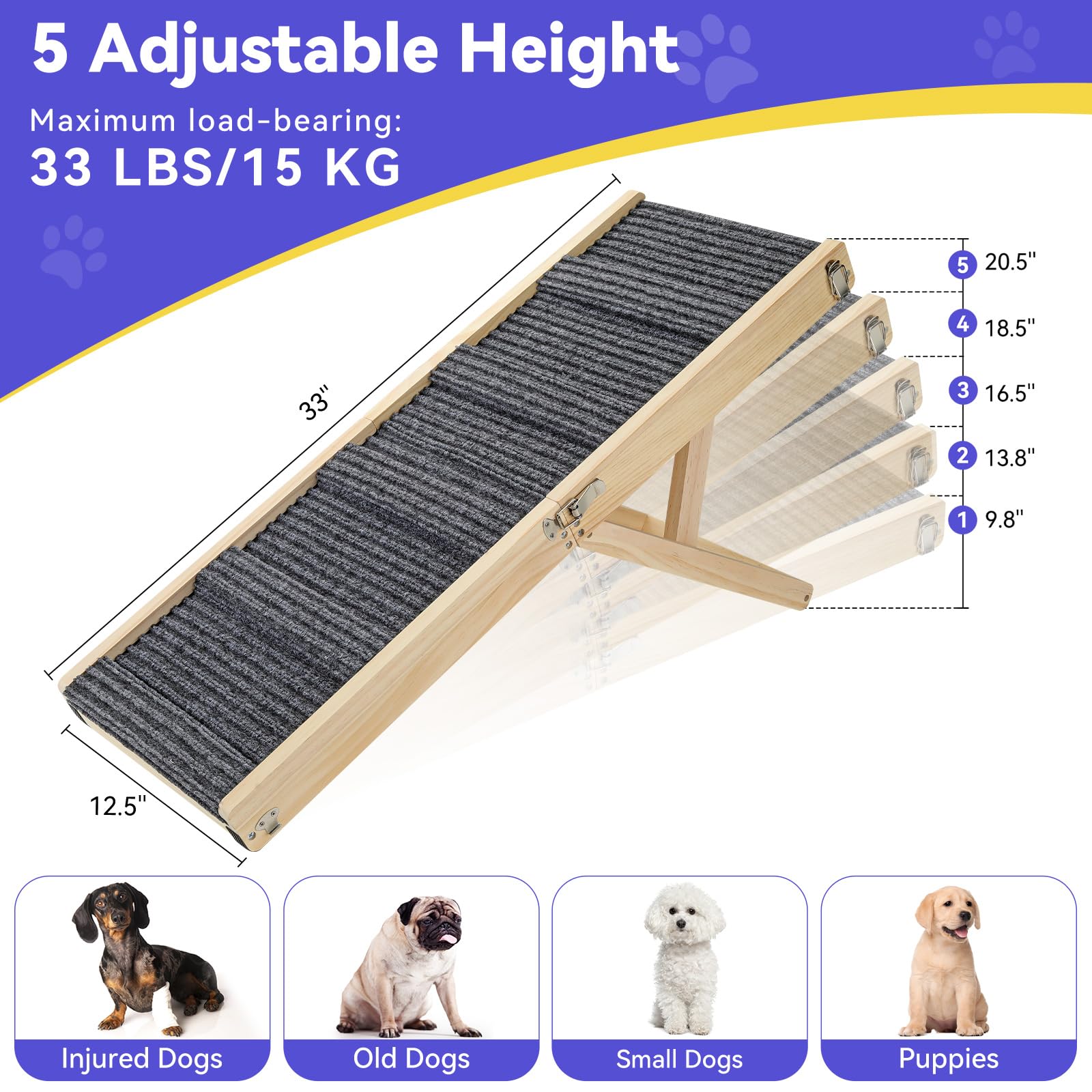Pawaboo dog ramp shown with its adjustable height settings.