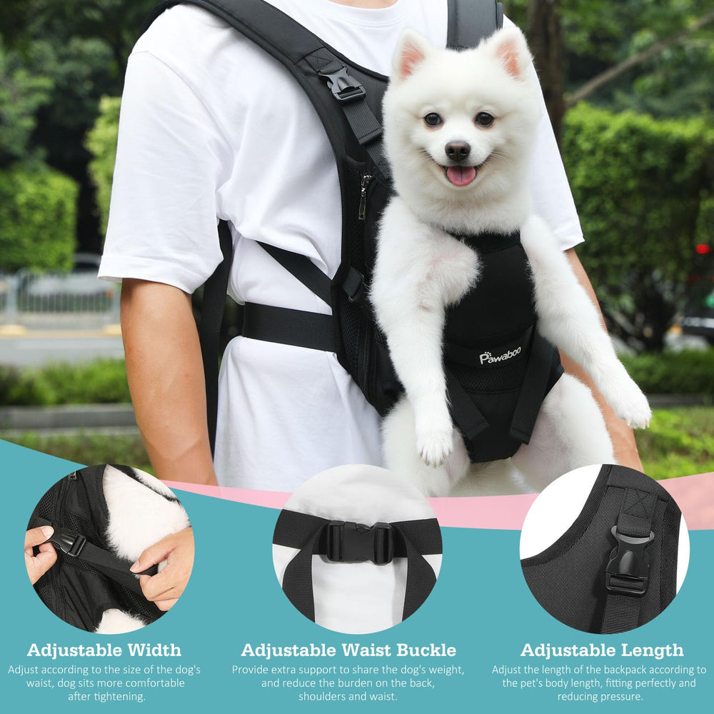 Pawaboo pet carrier backpack worn in the front-carry position.
