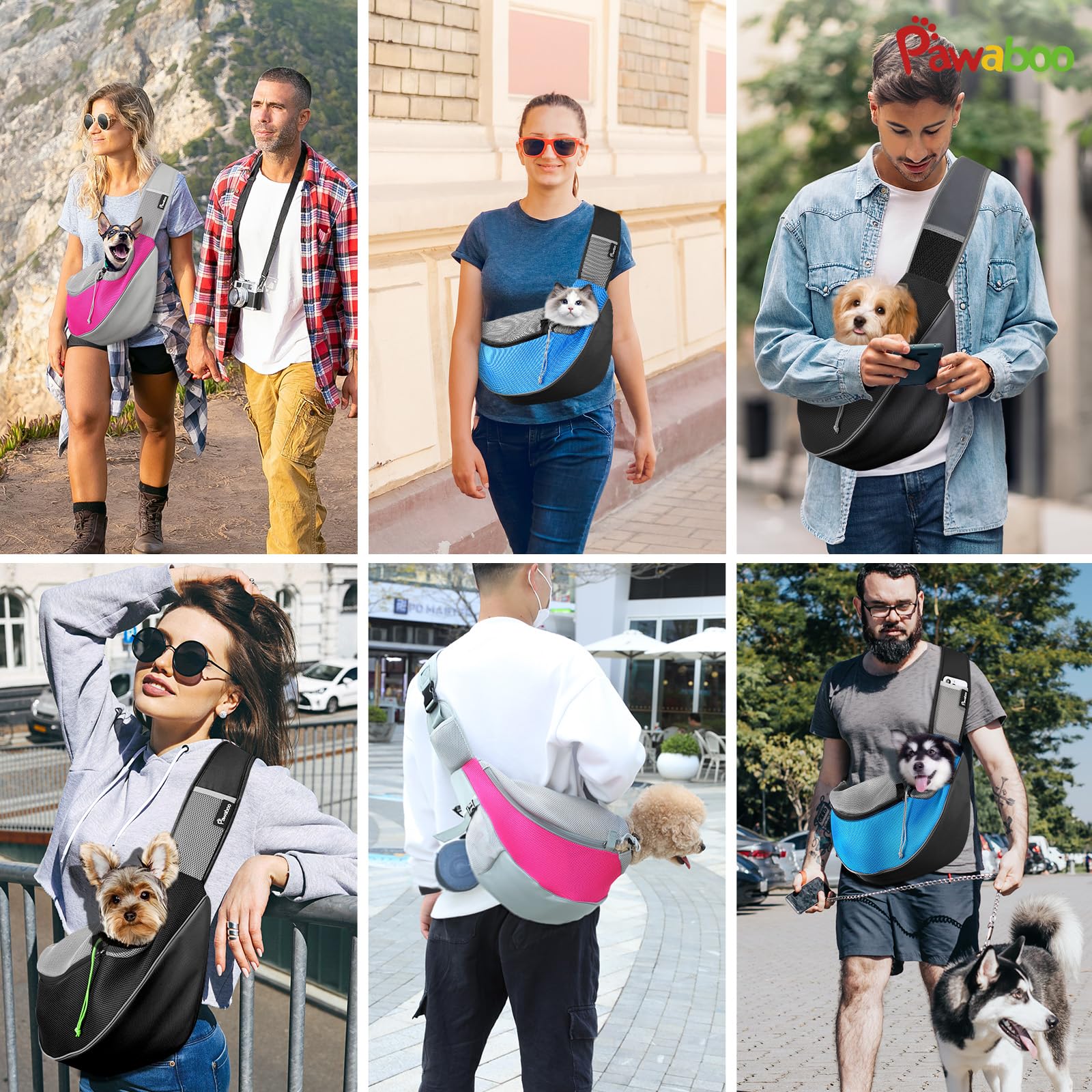Pawaboo Pet Sling Carrier being worn with a small pet inside.