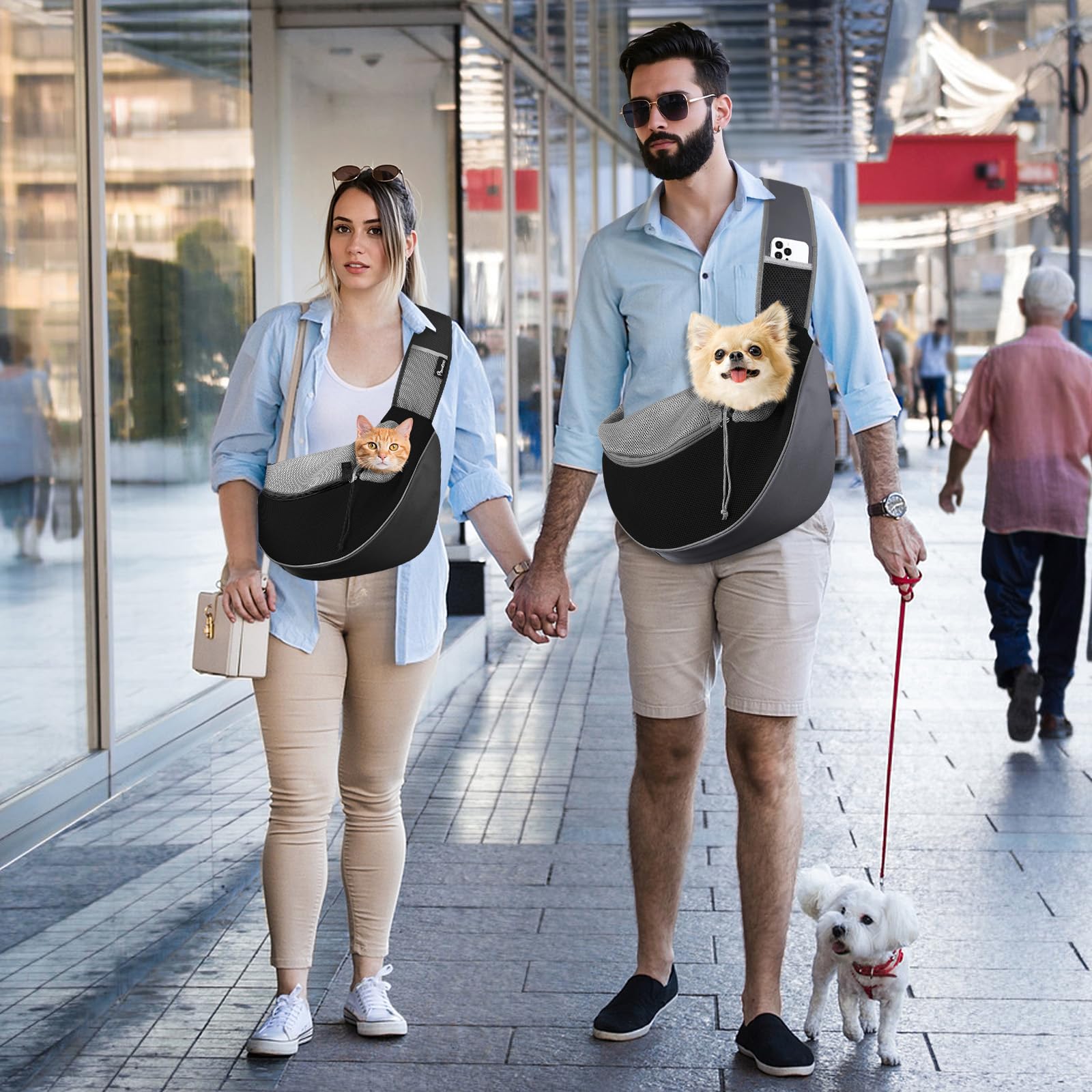 Pawaboo Pet Sling Carrier showing its pockets and D-buckle.
