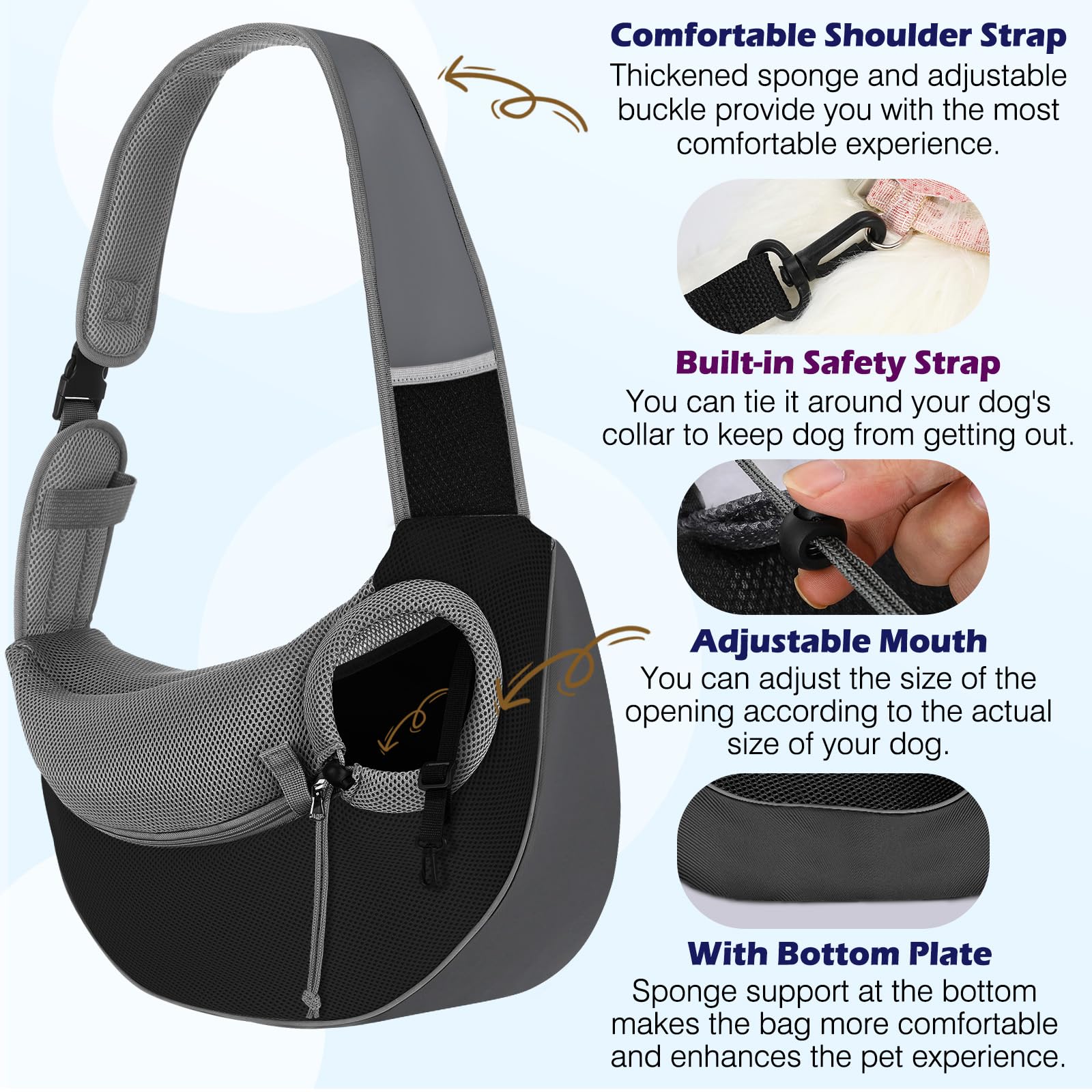 Pawaboo Pet Sling Carrier safety hook and drawstring detail.