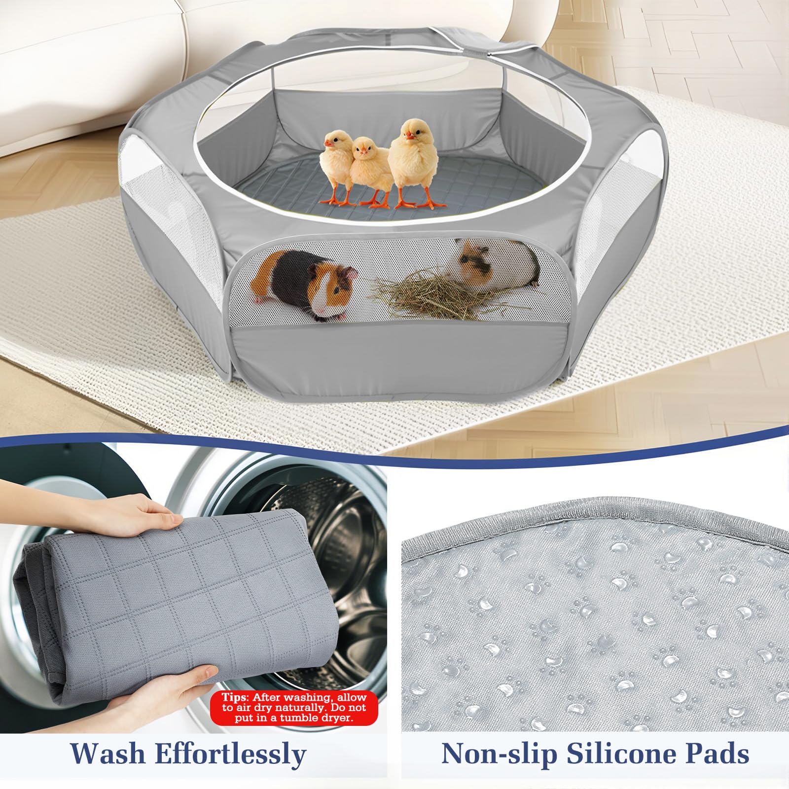 Pawaboo small animals playpen showing its waterproof fabric floor and reusable pad.