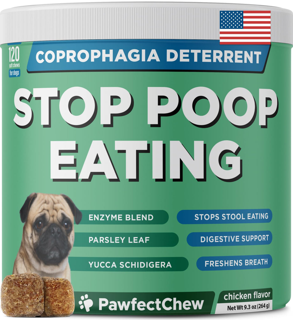 PAWFECTCHEW coprophagia deterrent for dogs shown in a product presentation.