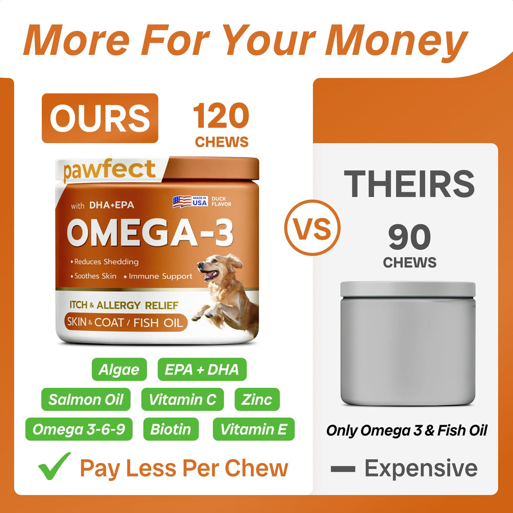 PAWFECTCHEW dog omega chew with salmon fish oil and natural algae focus.