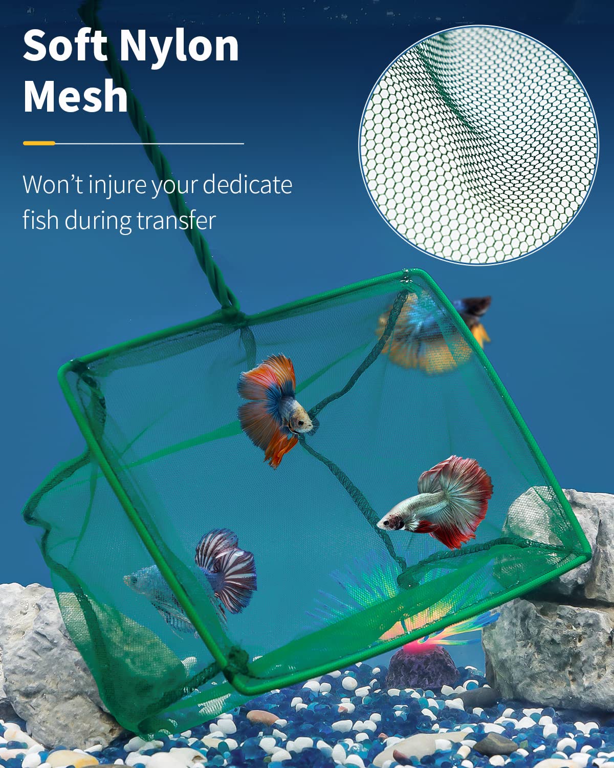 Pawfly aquarium fish net close-up showing its fine nylon mesh.