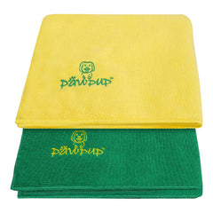 PAWPUP Dog Towels shown as a yellow and green two-towel set.