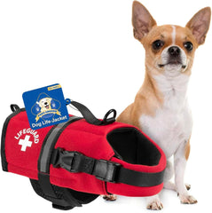 Paws Aboard dog life jacket shown from the front in red.