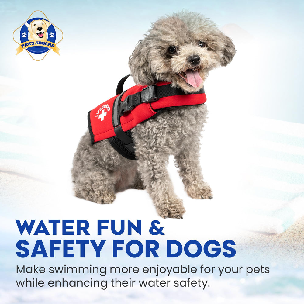 Paws Aboard dog life jacket shown in its red color.