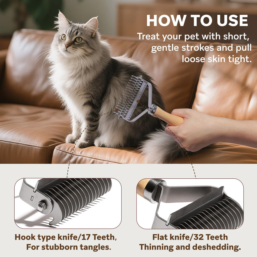 PAWSHOLIC dematting comb being used to groom a dog.