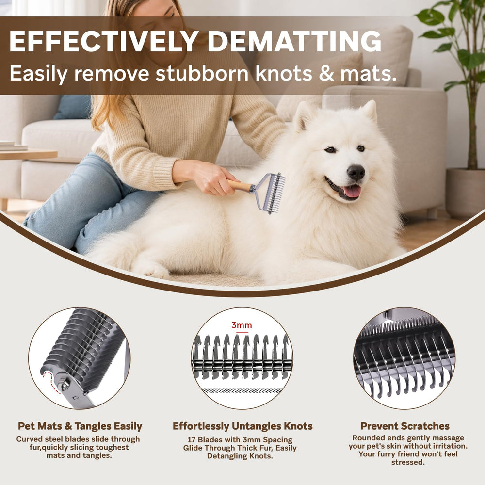 PAWSHOLIC dematting comb with a close view of its lower-density teeth.