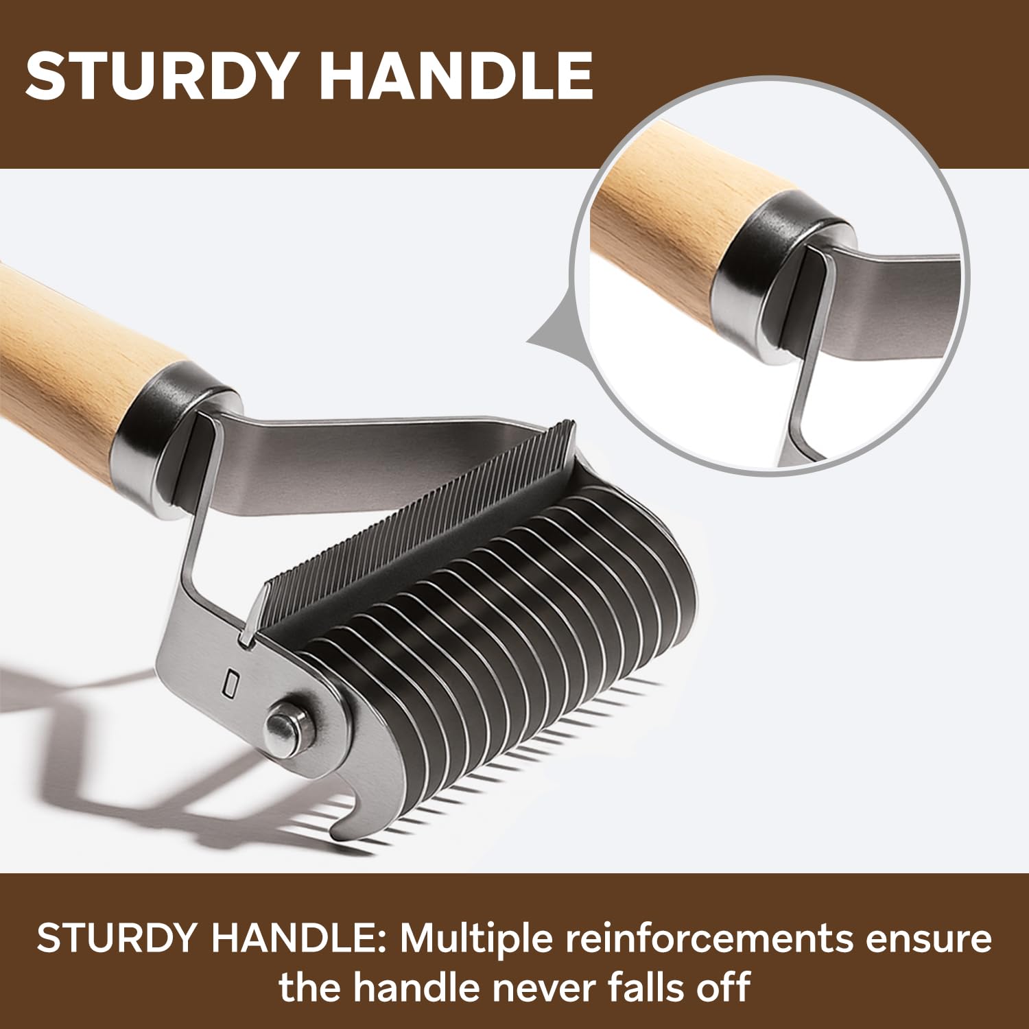 PAWSHOLIC pet comb showing the rounded ends of its teeth.