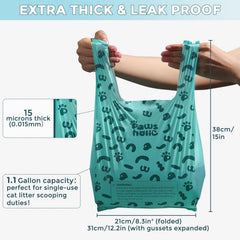 PAWSHOLIC pet waste bags displayed to show their bag dimensions.