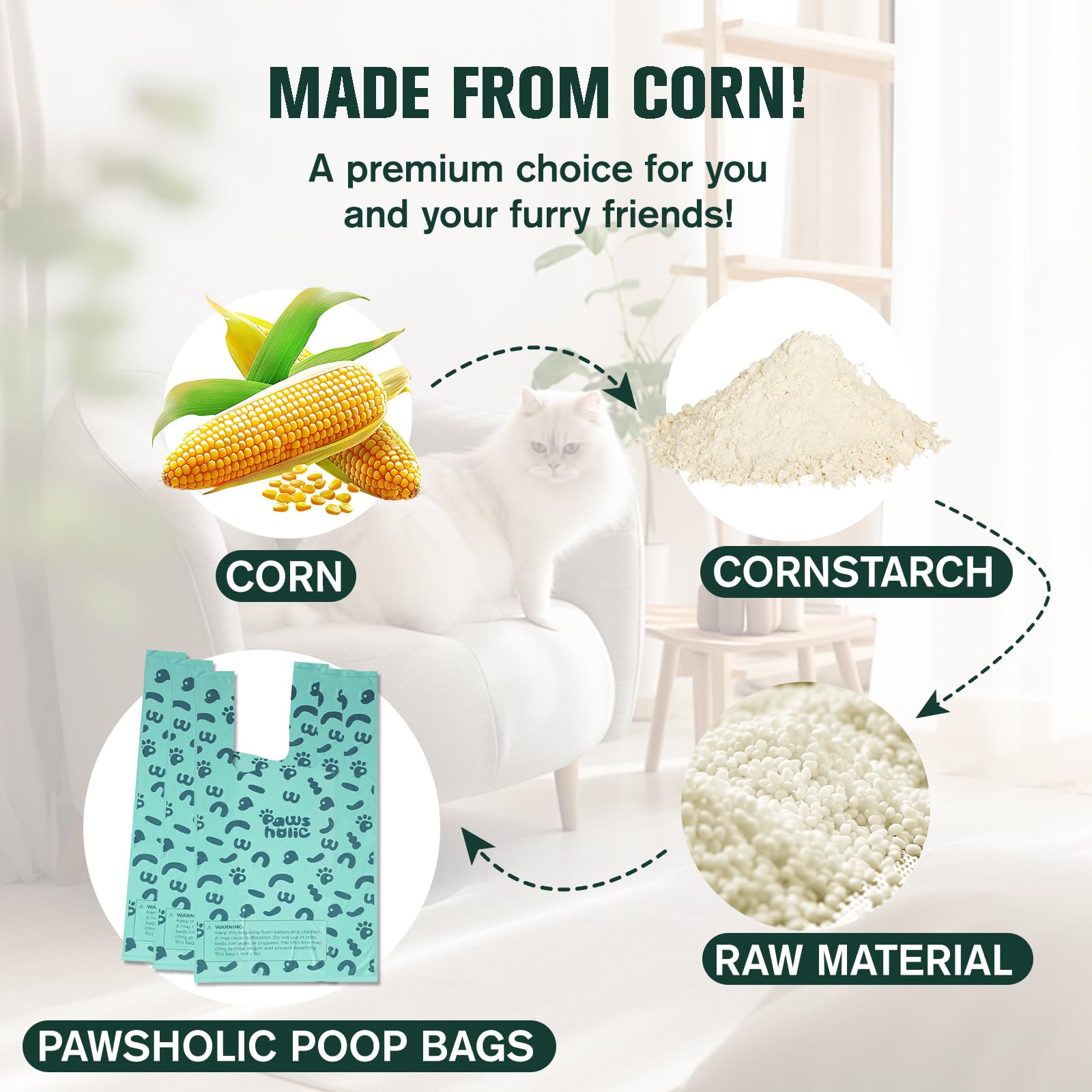 PAWSHOLIC pet waste bags being dispensed through the wide package opening.