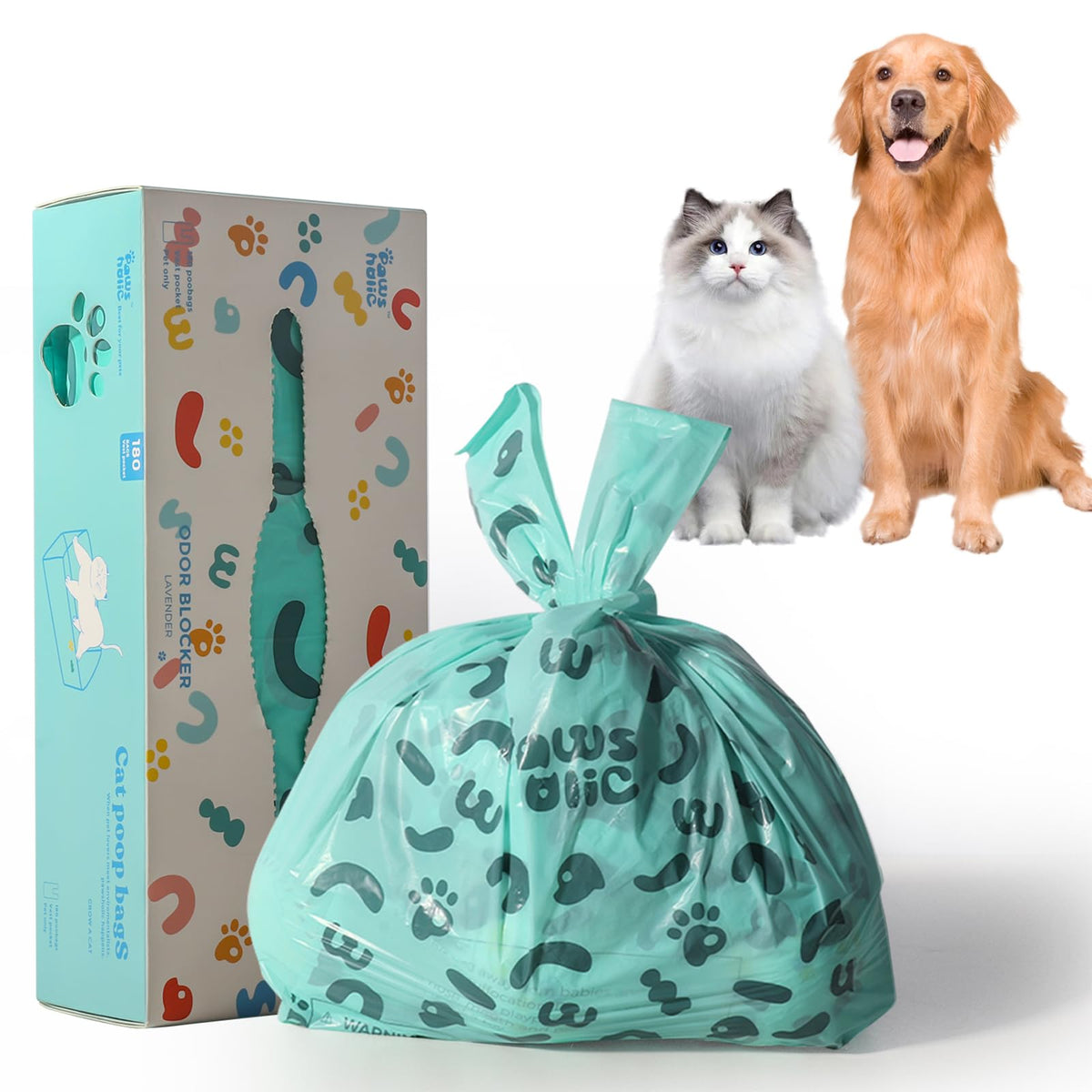 PAWSHOLIC pet waste bags shown with their front packaging.