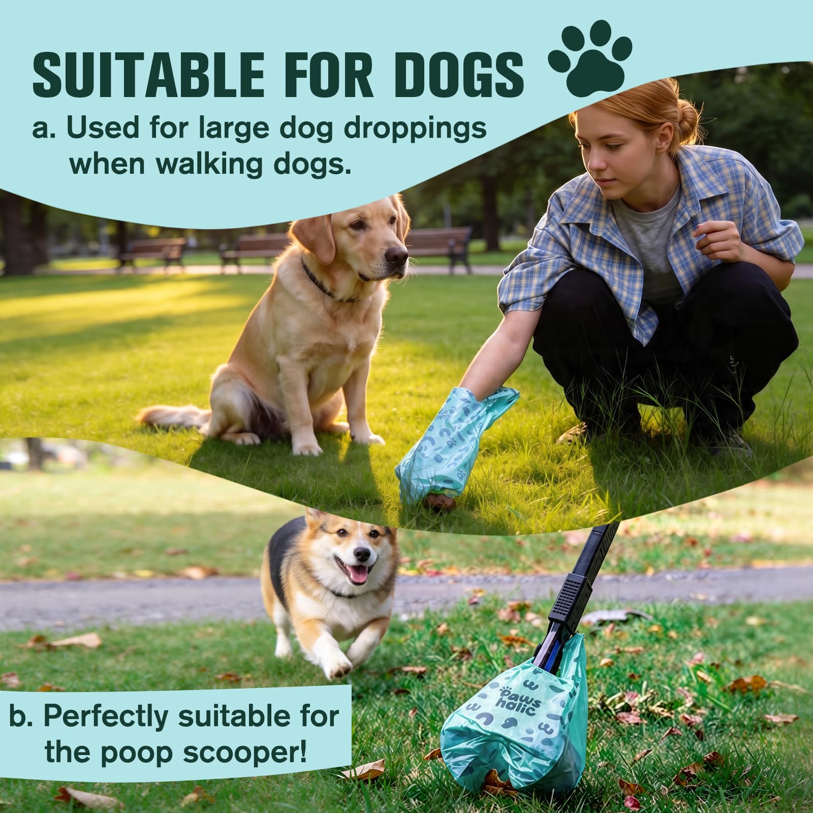 PAWSHOLIC pet waste bags with a close view of the easy-tie handles.