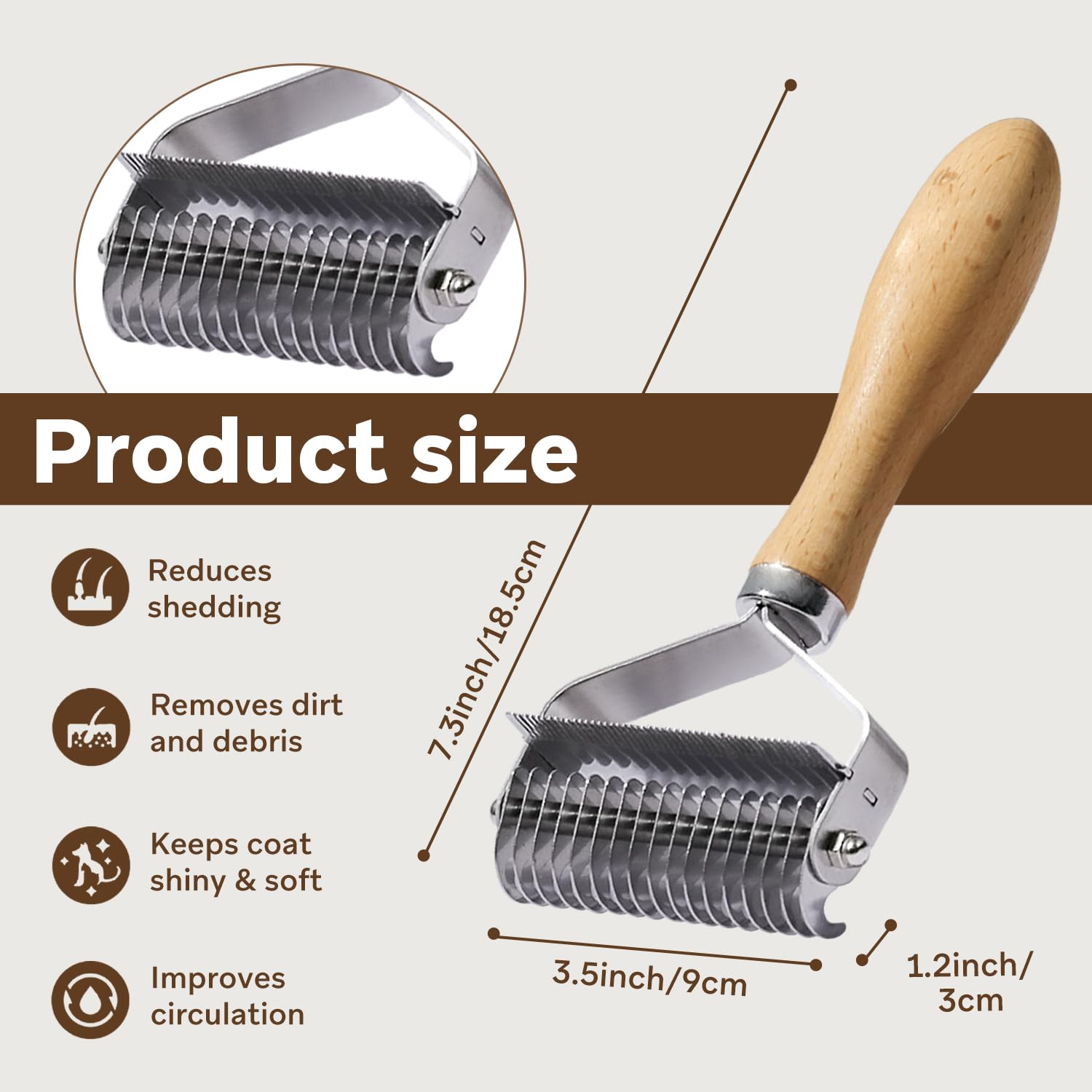 PAWSHOLIC undercoat rake with a close view of its higher-density teeth.