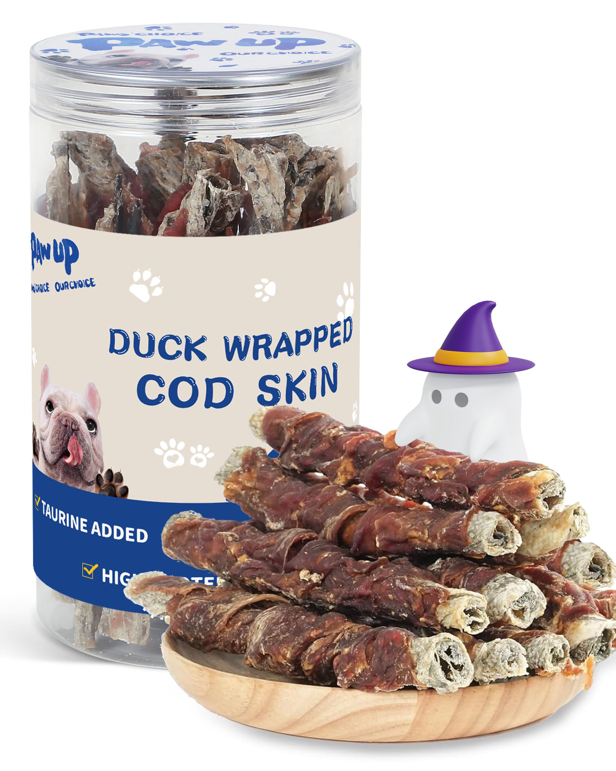 PAWUP dog treats shown in a front view of the duck wrapped cod skin rolls.