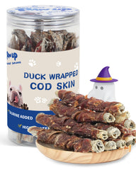 PAWUP dog treats shown in a front view of the duck wrapped cod skin rolls.