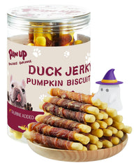 PAWUP duck wrapped pumpkin dog treats shown with the front of the package.