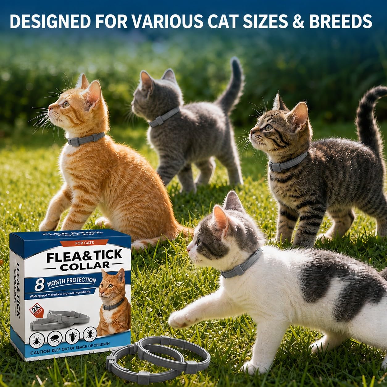 PDKIVFI cat flea and tick collar shown during outdoor wear.