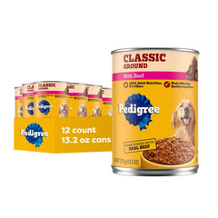 Pedigree Chopped Ground Dinner wet dog food can shown from the front.
