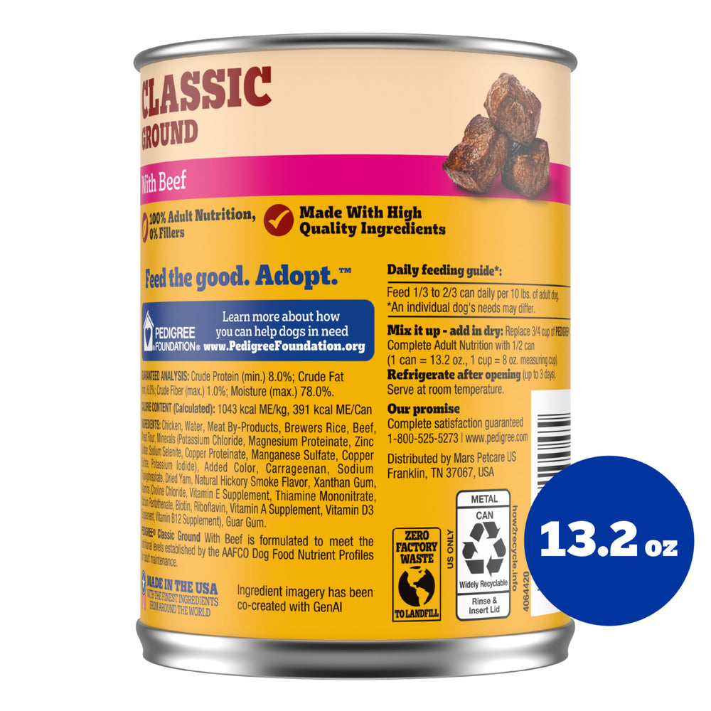 Pedigree Chopped Ground Dinner wet dog food Beef variety label shown in close-up.