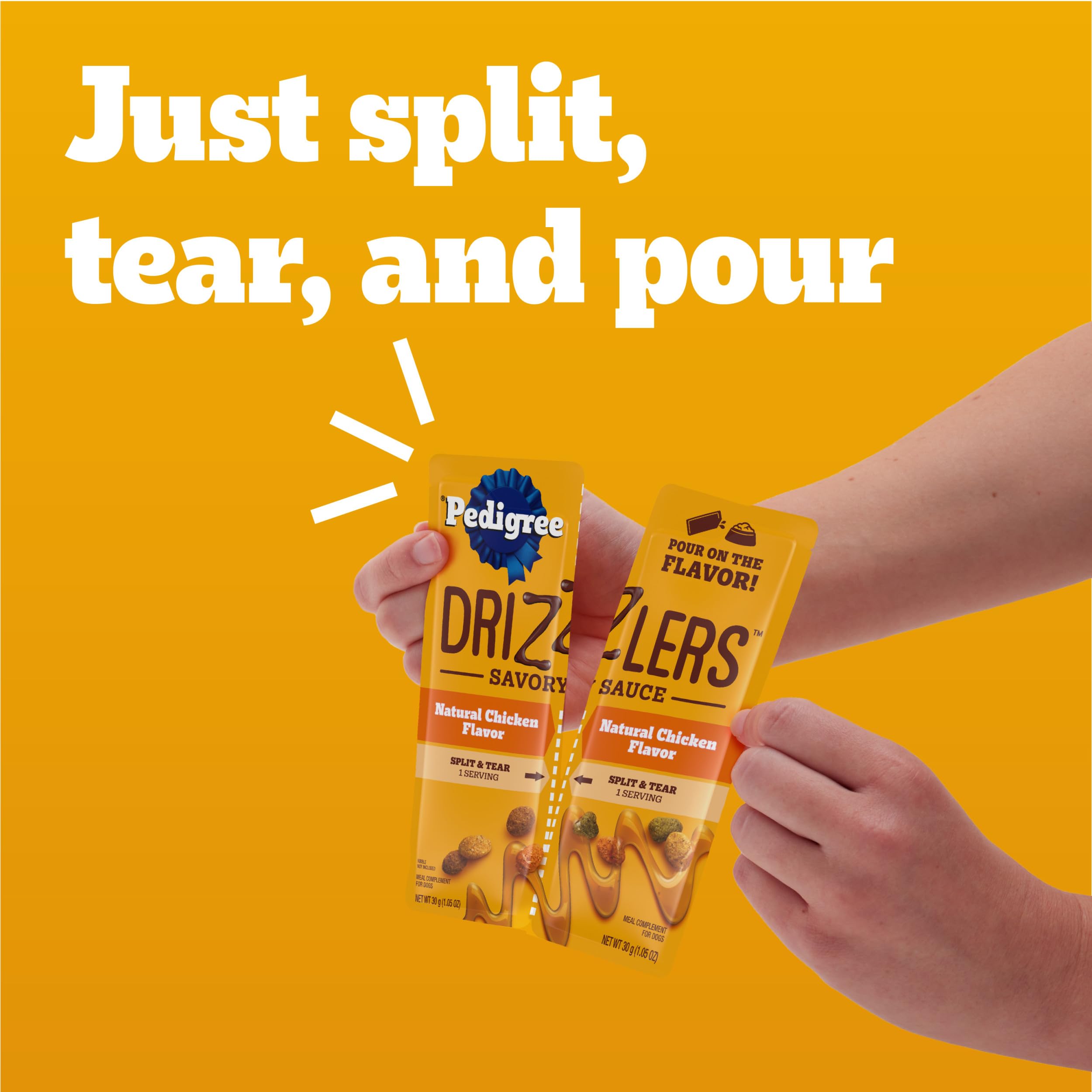 Pedigree Drizzlers Savory Sauce pouch shown being opened for serving.